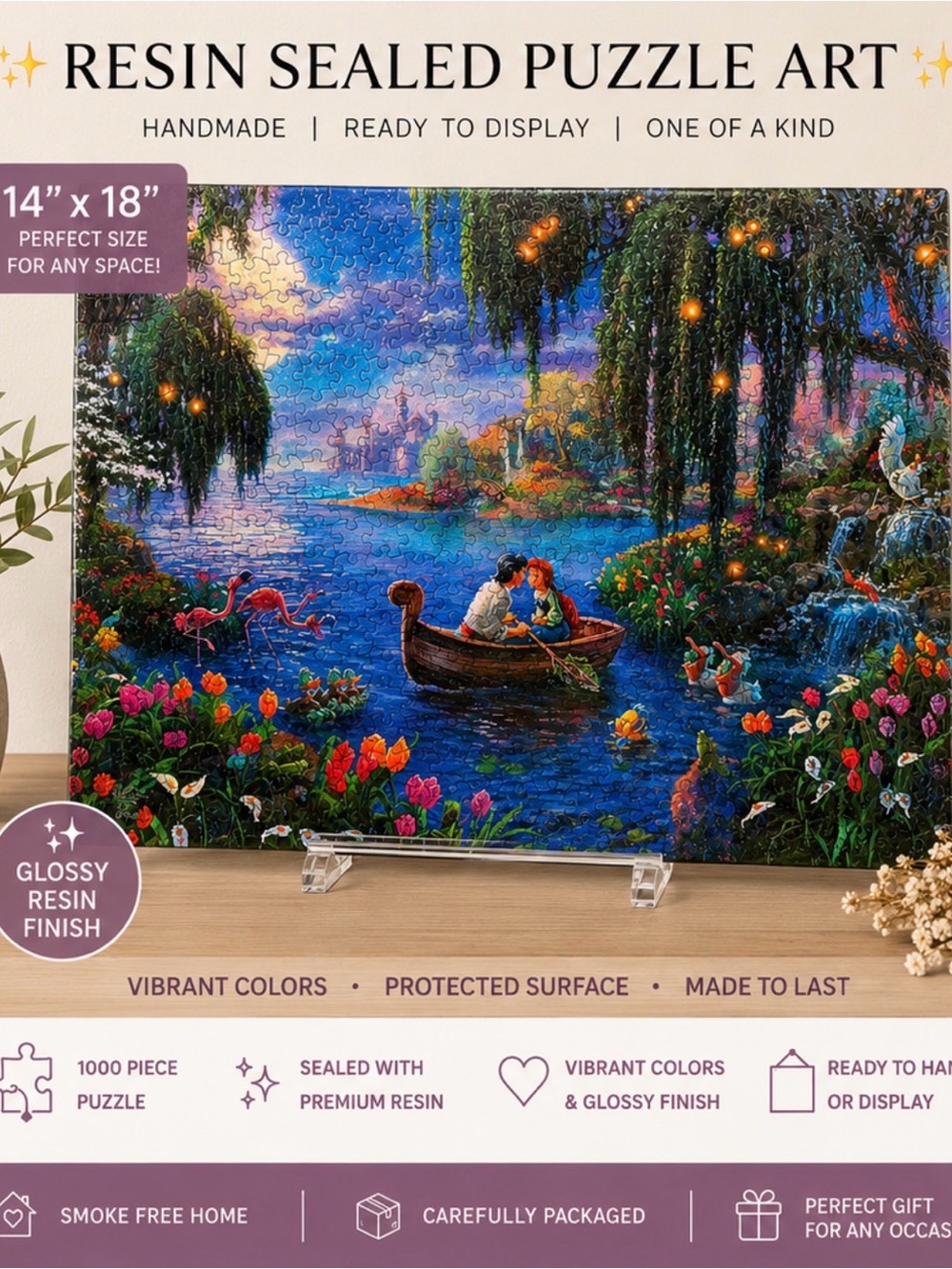 Handmade Resin Sealed Wall Art Puzzle - Glossy Blue Scenic Lake Scene